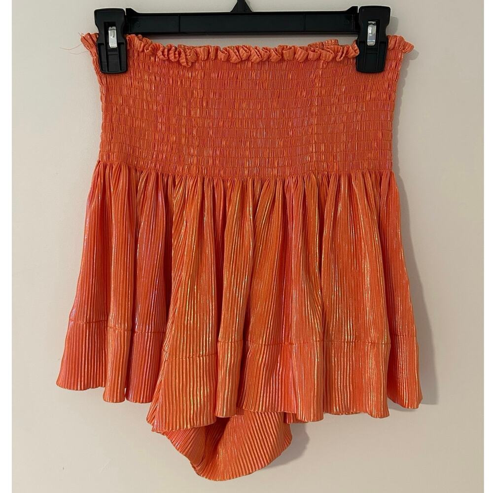 Queen of Sparkles Orange Metallic Iridescent Pleated Swing Shorts EUC Small